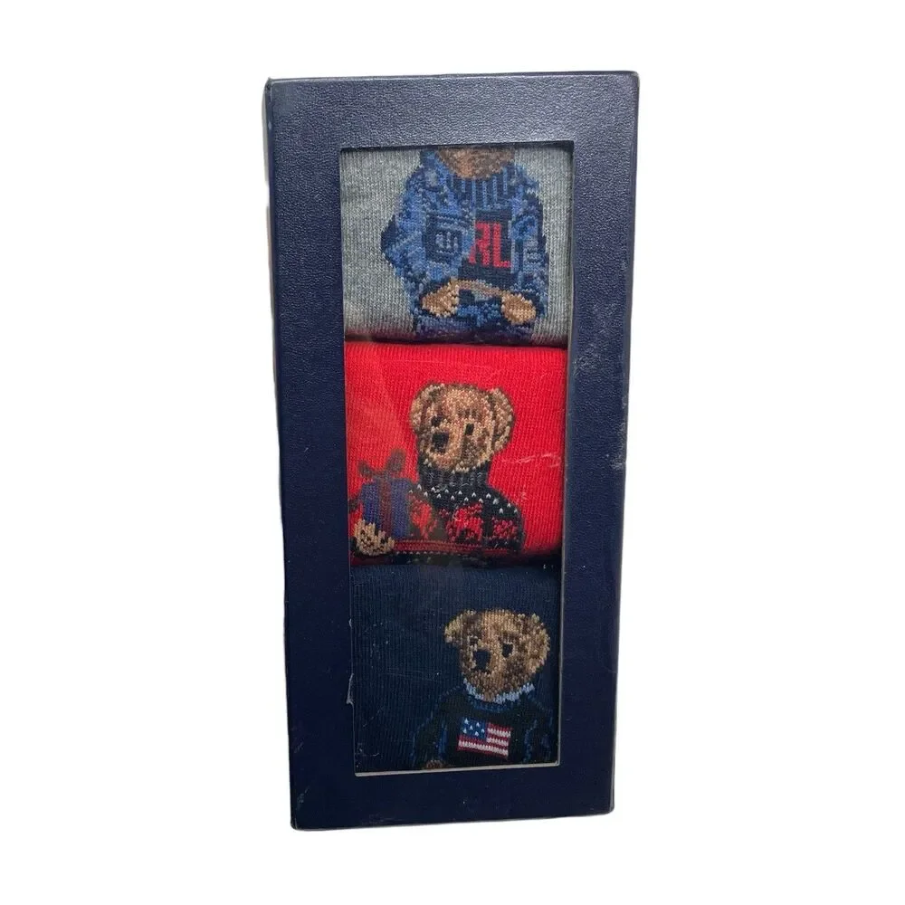 Polo Ralph Lauren Bear Crew Socks Mens 10-13 Cotton Gift Box 3 Pack‎ Red Gray
